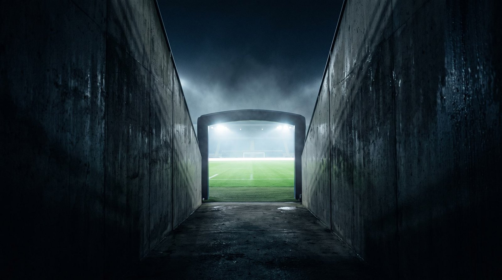 Stadium tunnel opening onto a floodlit pitch