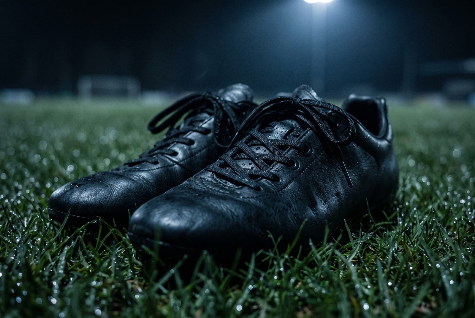 Football boots on night grass under floodlight