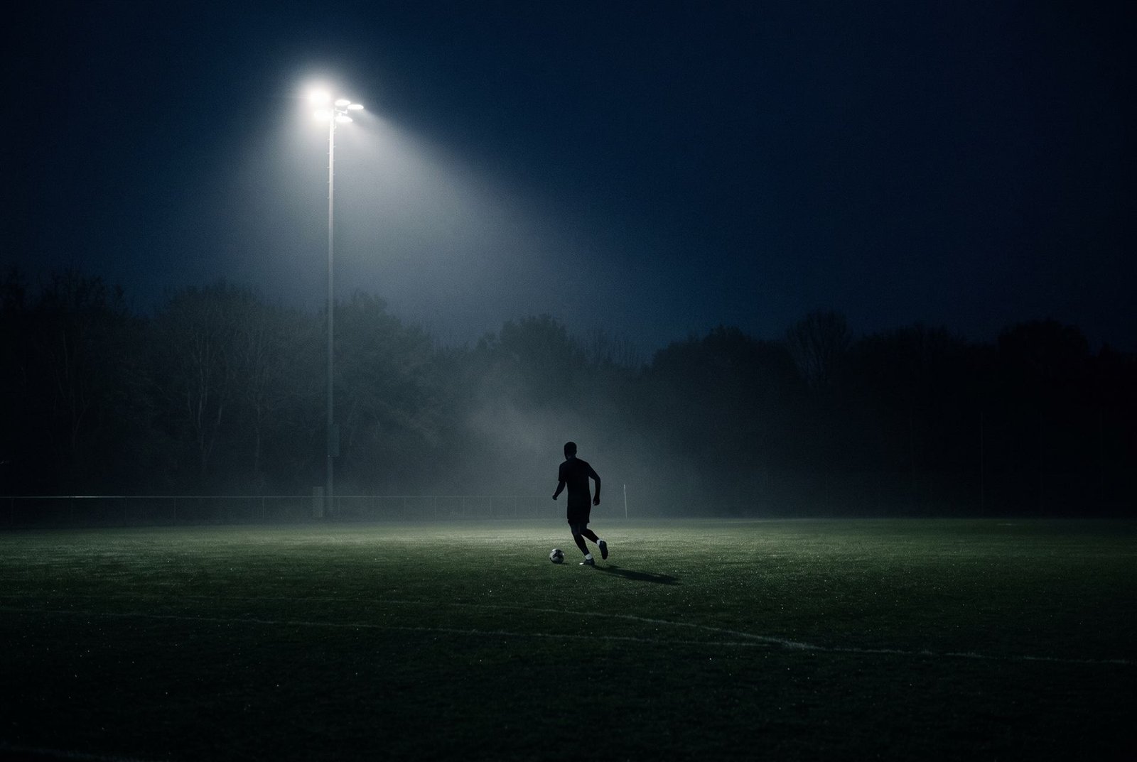 Footballer training alone at night under a floodlight